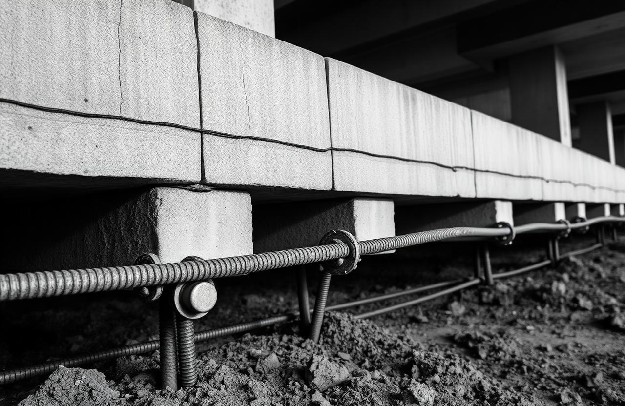 Black and white concrete foundation with rebar and anchor bolts